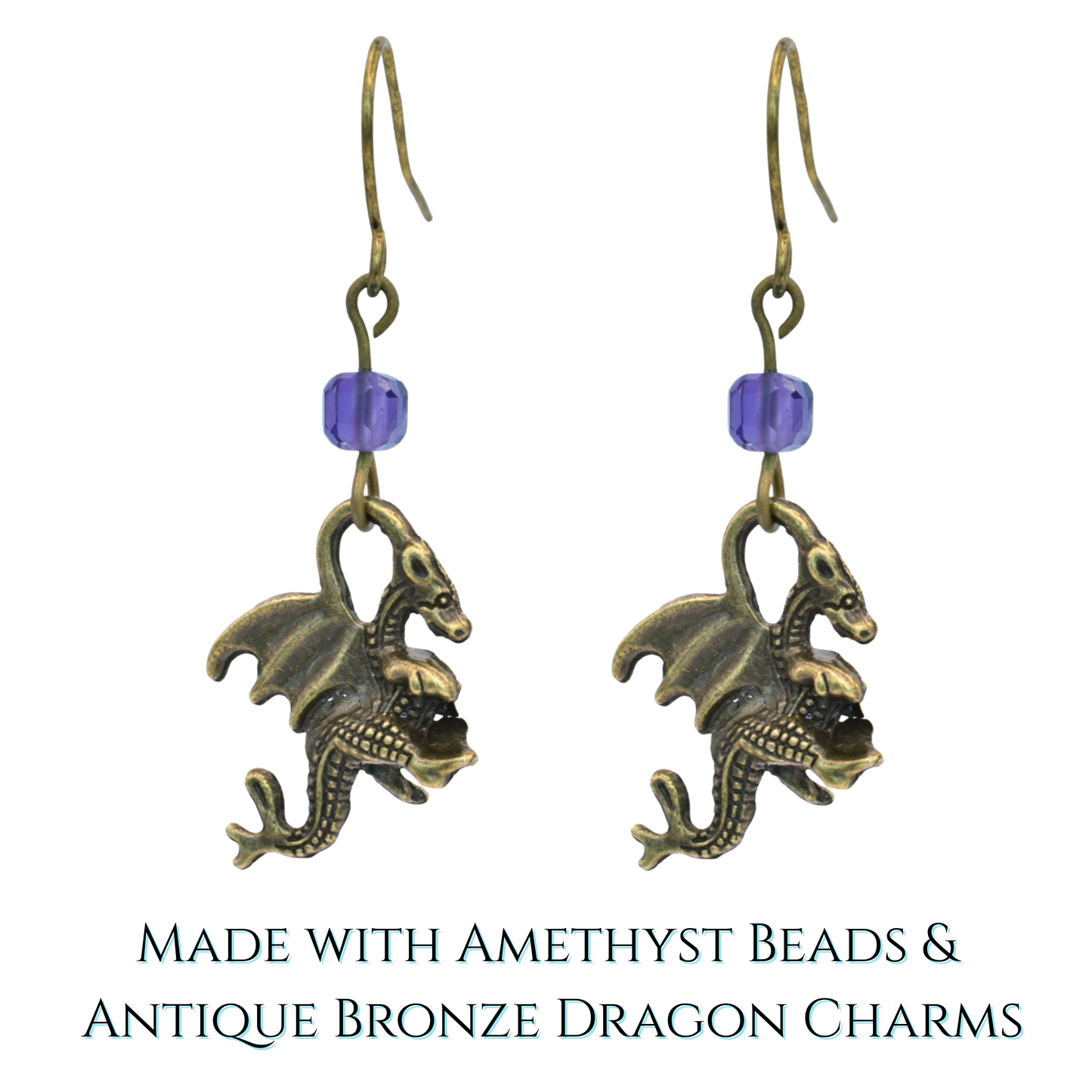 Pair of dragon-shaped earrings with amethyst beads on a white background