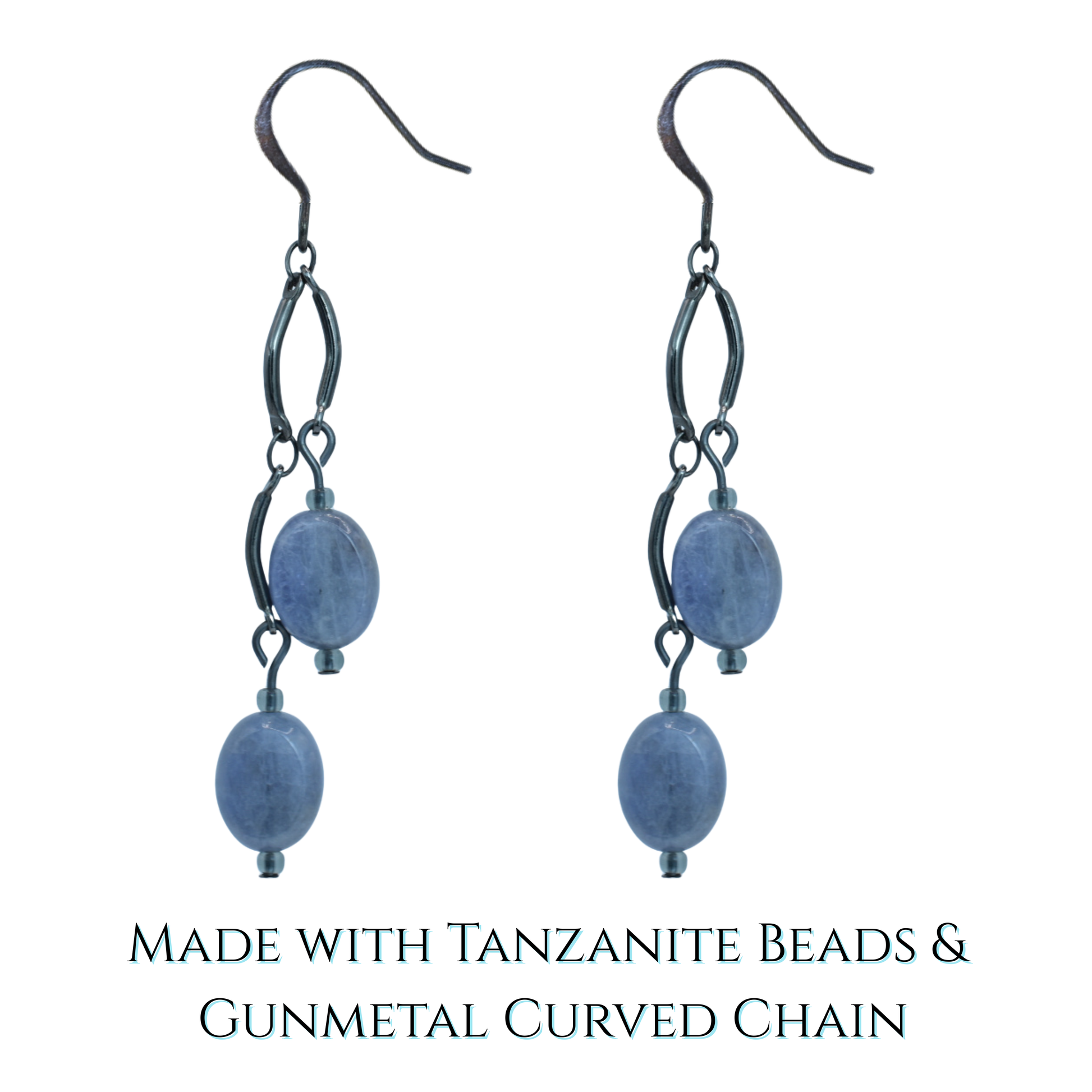 Earrings with Tanzanite beads and gunmetal curved chain on a white background