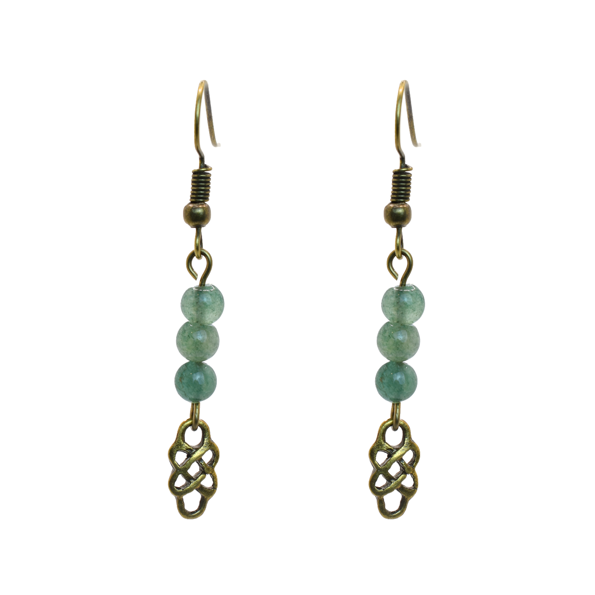 Pair of earrings with green jade beads and bronze Celtic knot designs on a white background