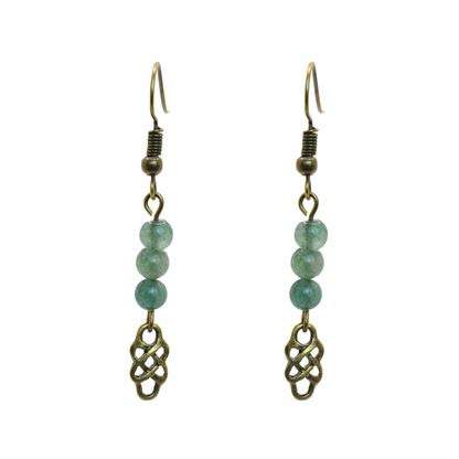 Pair of earrings with green jade beads and bronze Celtic knot designs on a white background