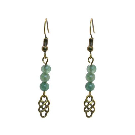 Pair of earrings with green jade beads and bronze Celtic knot designs on a white background