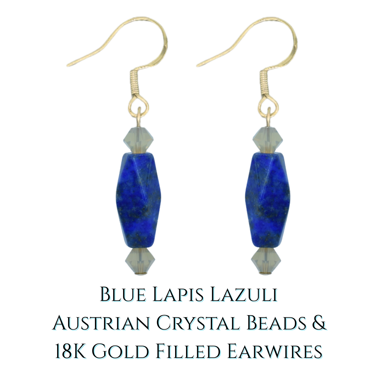 Blue lapis lazuli and Austrian crystal earrings with gold earwires on a white background.