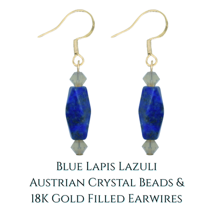 Blue lapis lazuli and Austrian crystal earrings with gold earwires on a white background.