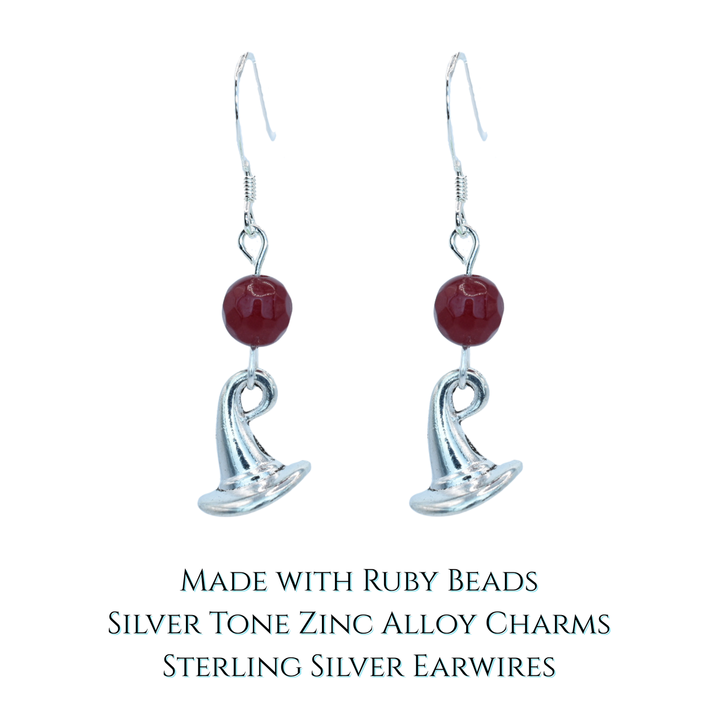 Silver earrings with ruby red jade beads and a wizard hat charm on a white background