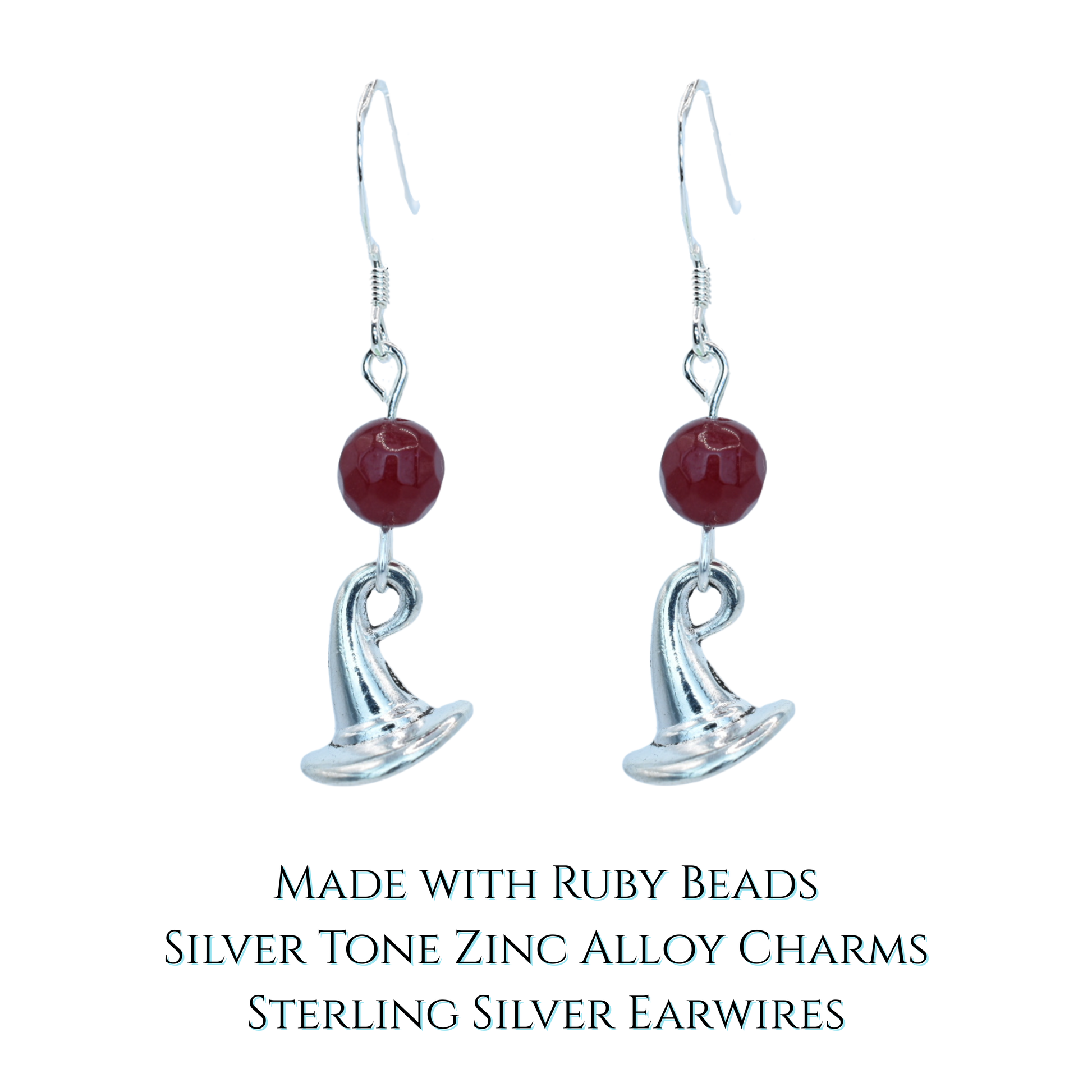 Silver earrings with ruby red jade beads and a wizard hat charm on a white background