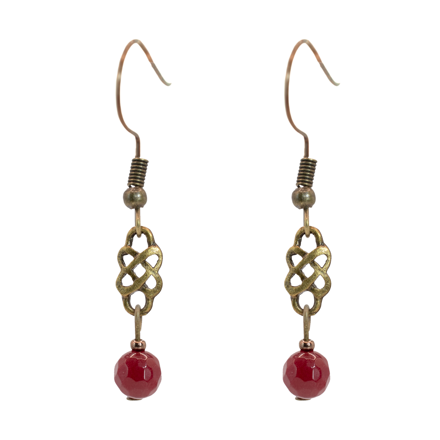 Pair of earrings with antique gold Celtic knot design and red jade beads on a white background