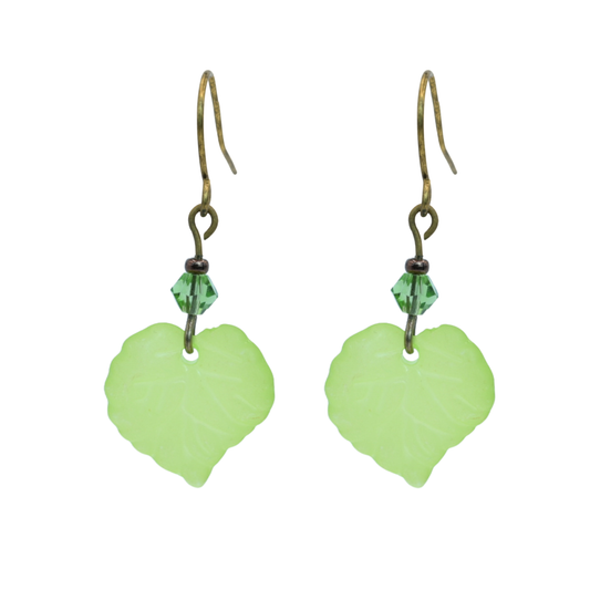 Leaf-shaped green earrings with small crystals on a white background