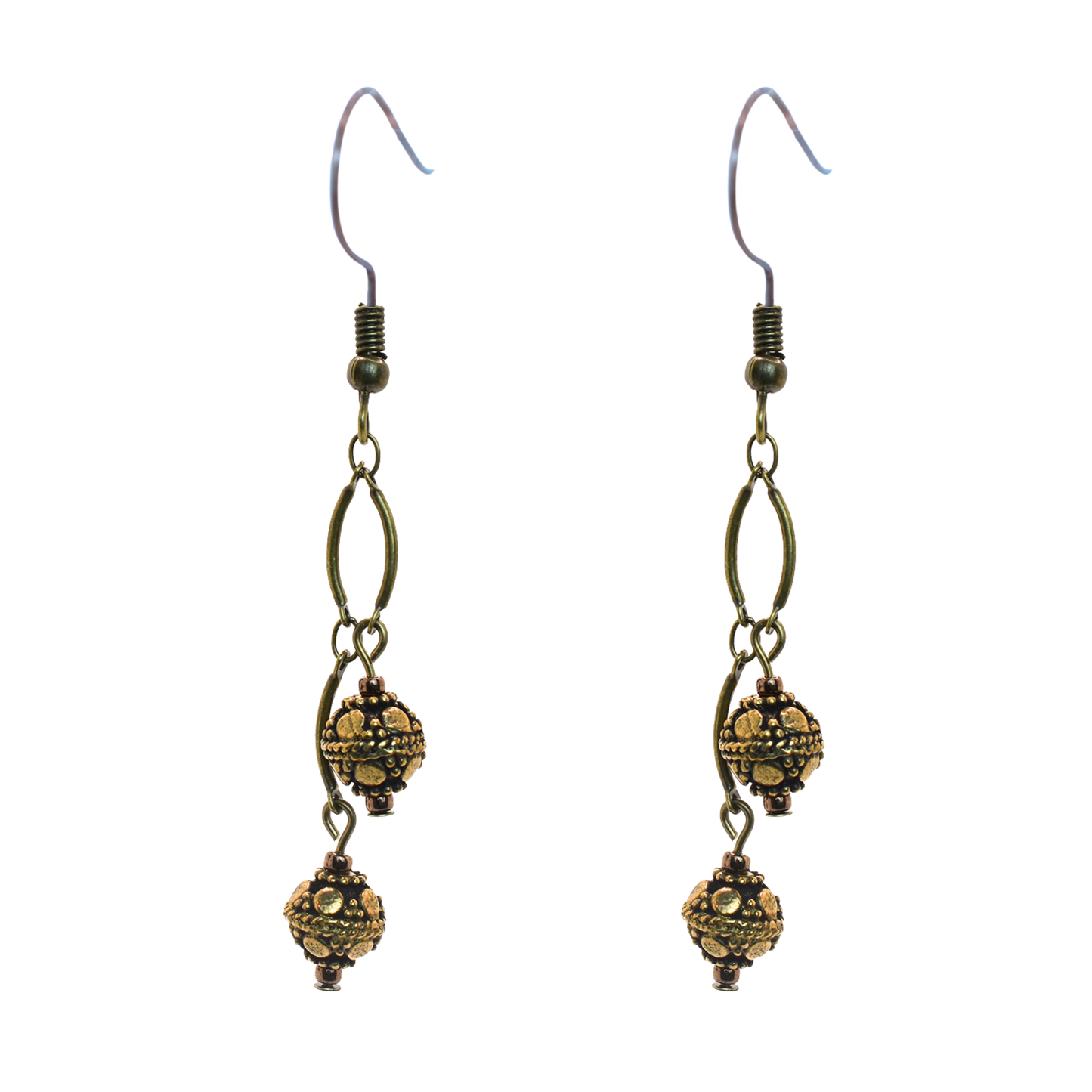Pair of antique bronze beaded earrings on a white background