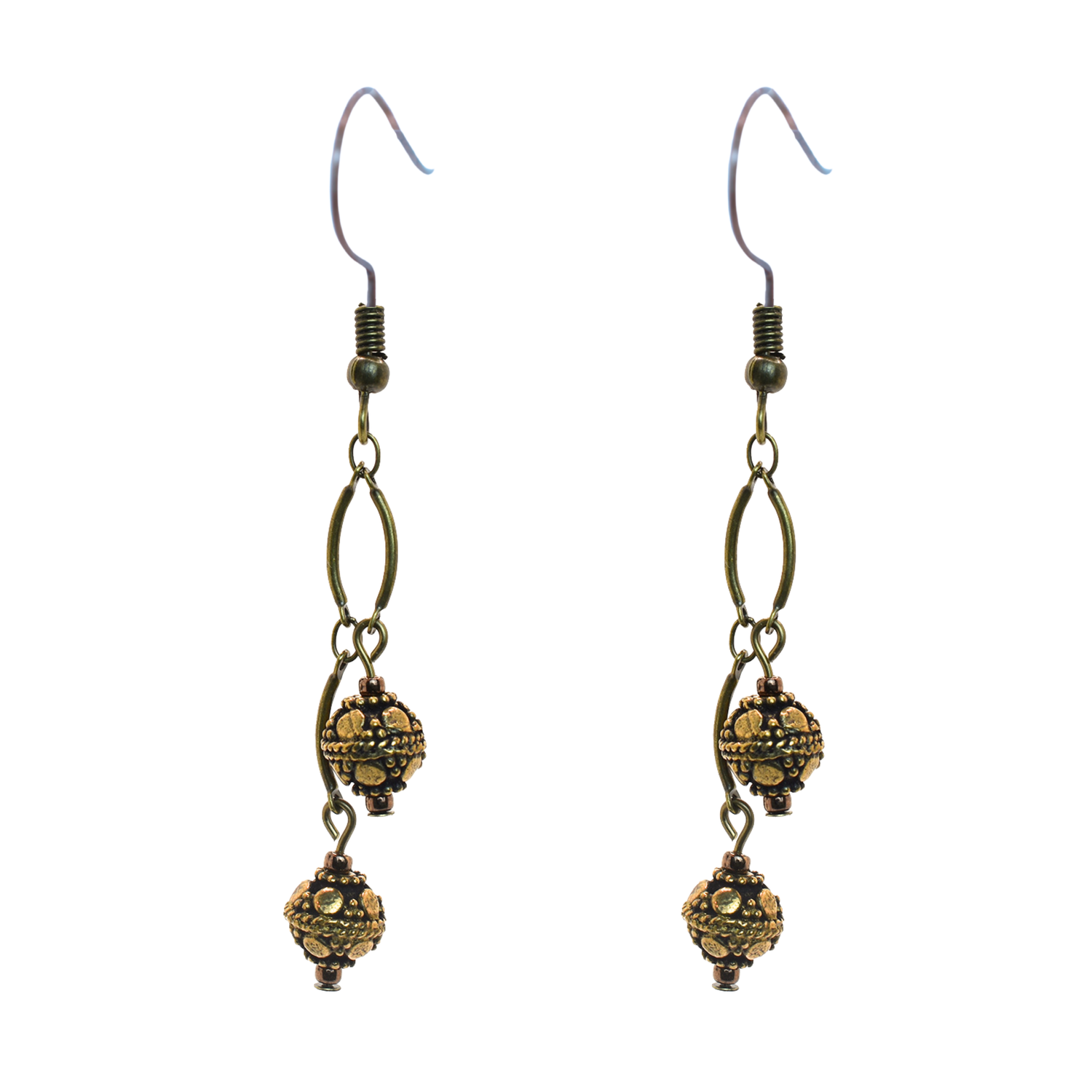 Pair of antique bronze beaded earrings on a white background