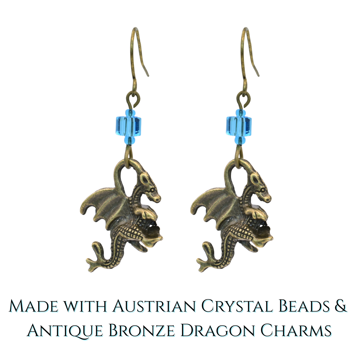 Dragon-shaped earrings with blue cube crystal beads on a white background