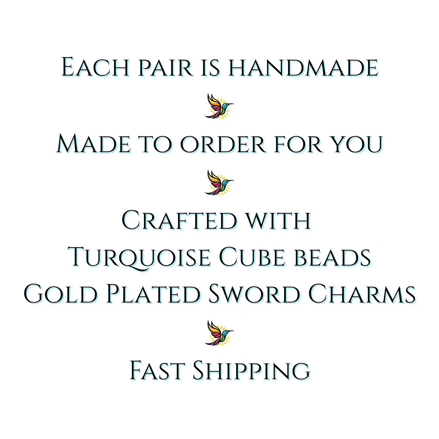 Text on a white background describing handmade jewelry with turquoise cube beads and gold-plated sword charms, featuring a small bird icon.