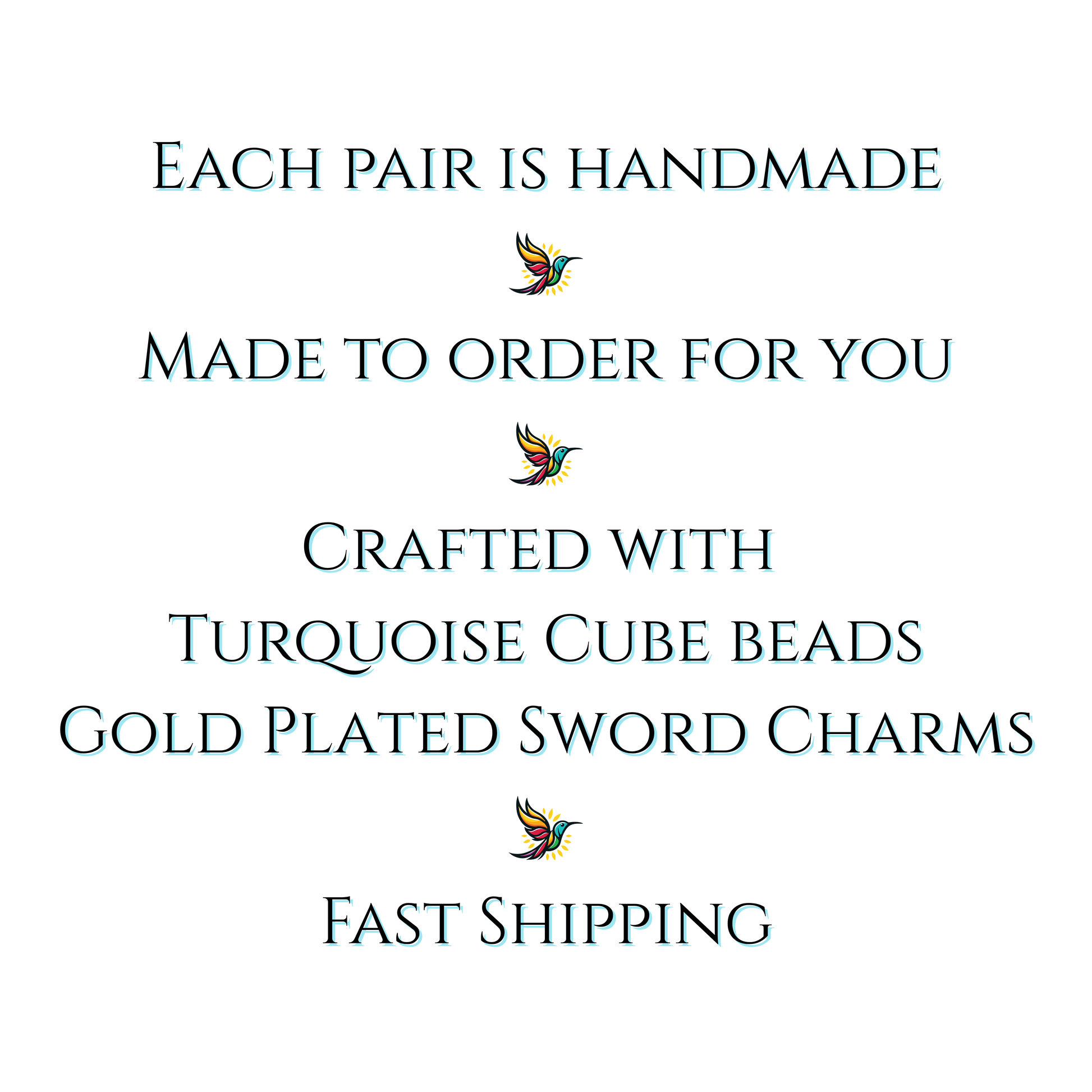 Text on a white background describing handmade jewelry with turquoise cube beads and gold-plated sword charms, featuring a small bird icon.