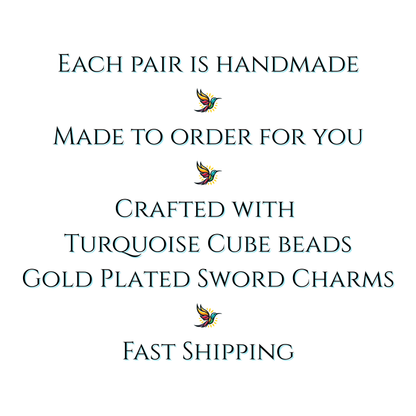 Text on a white background describing handmade jewelry with turquoise cube beads and gold-plated sword charms, featuring a small bird icon.