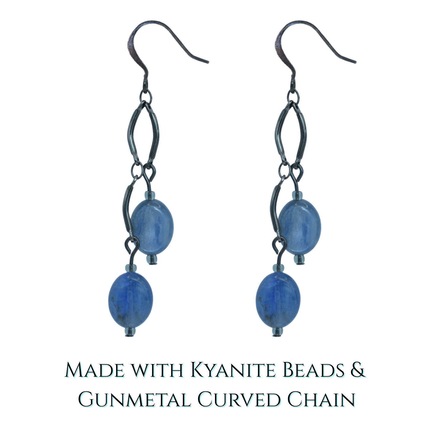 Pair of earrings with blue kyanite beads and gunmetal curved chain on a white background.