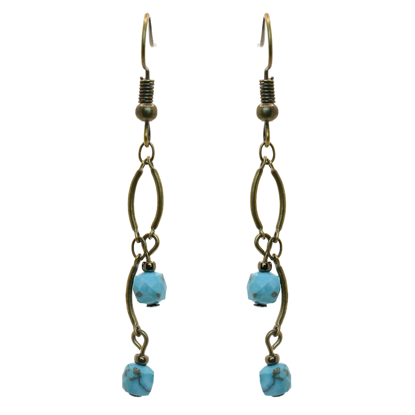 Pair of earrings with turquoise beads and bronze chain on a white background