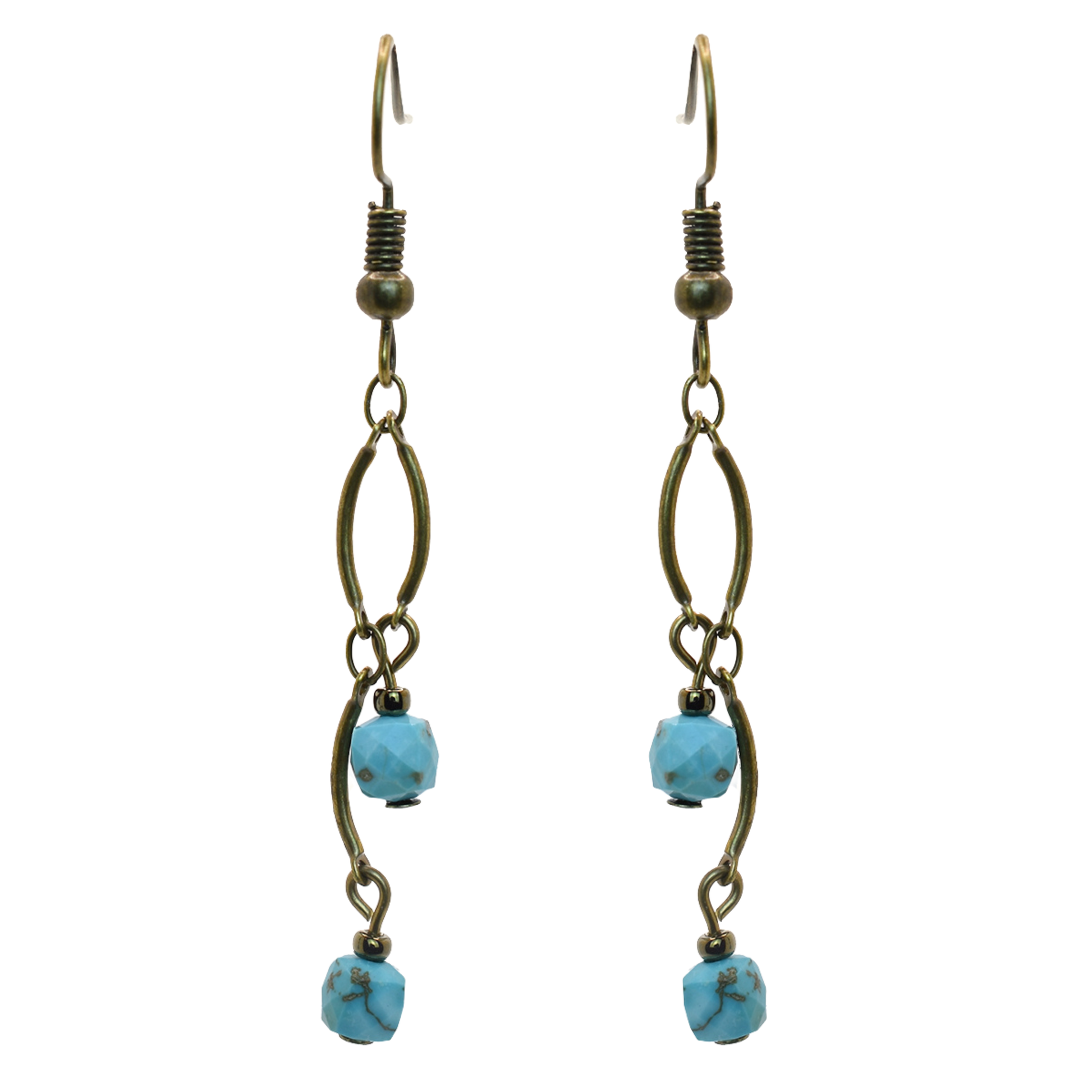 Pair of earrings with turquoise beads and bronze chain on a white background