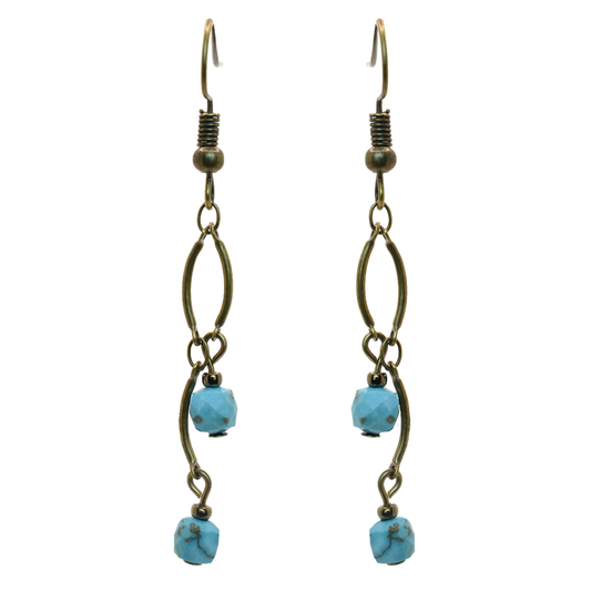 Pair of earrings with turquoise beads and bronze chain on a white background