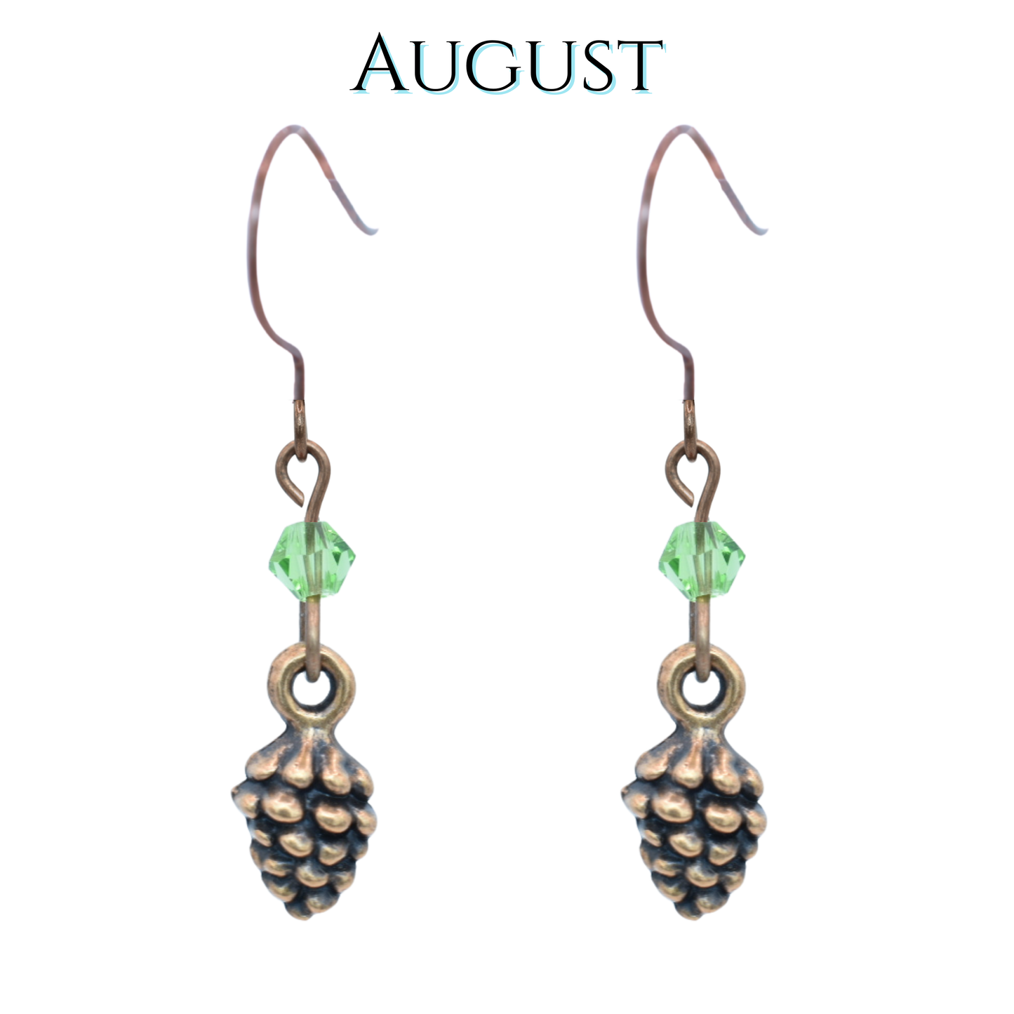 Pine cone-shaped earrings with light peridot green crystal beads on a white background, labeled 'August'.