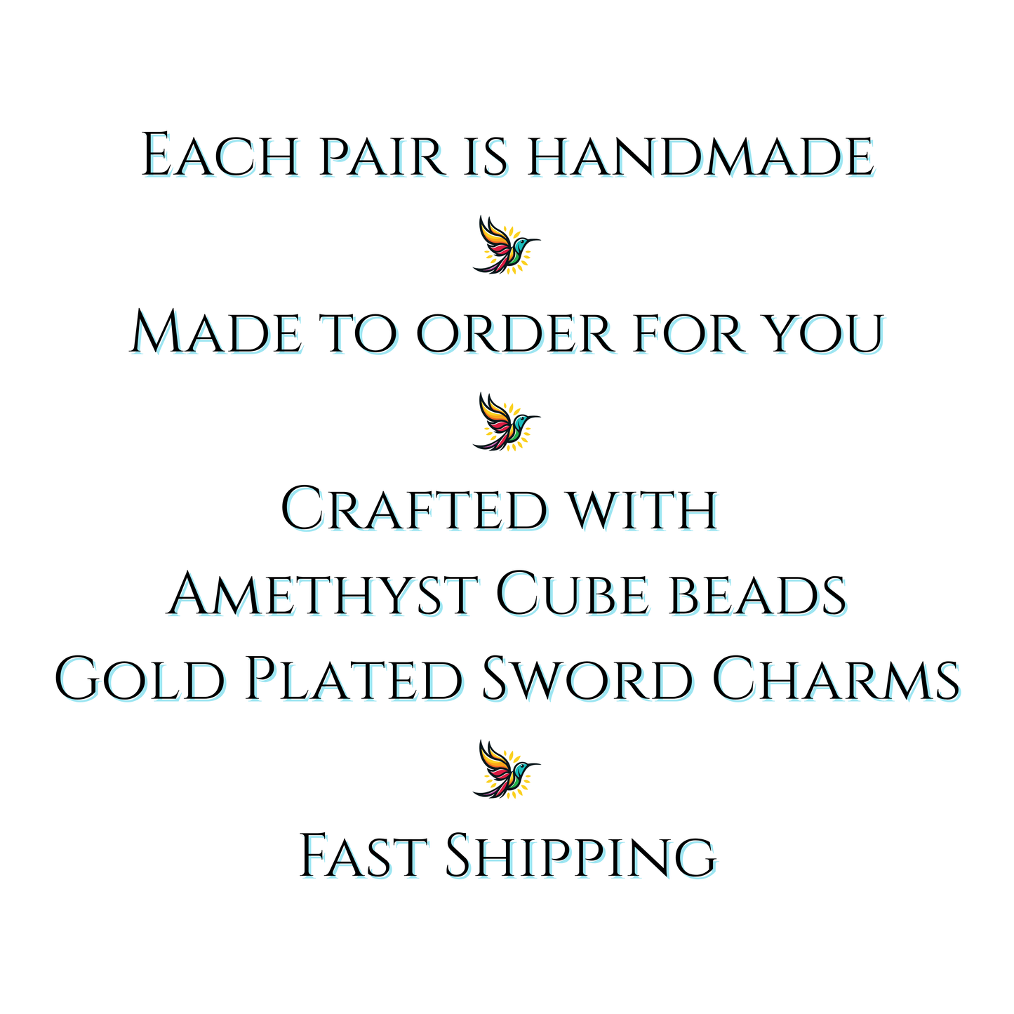 Text describing handmade jewelry with amethyst cube beads and gold-plated sword charms on a white background.