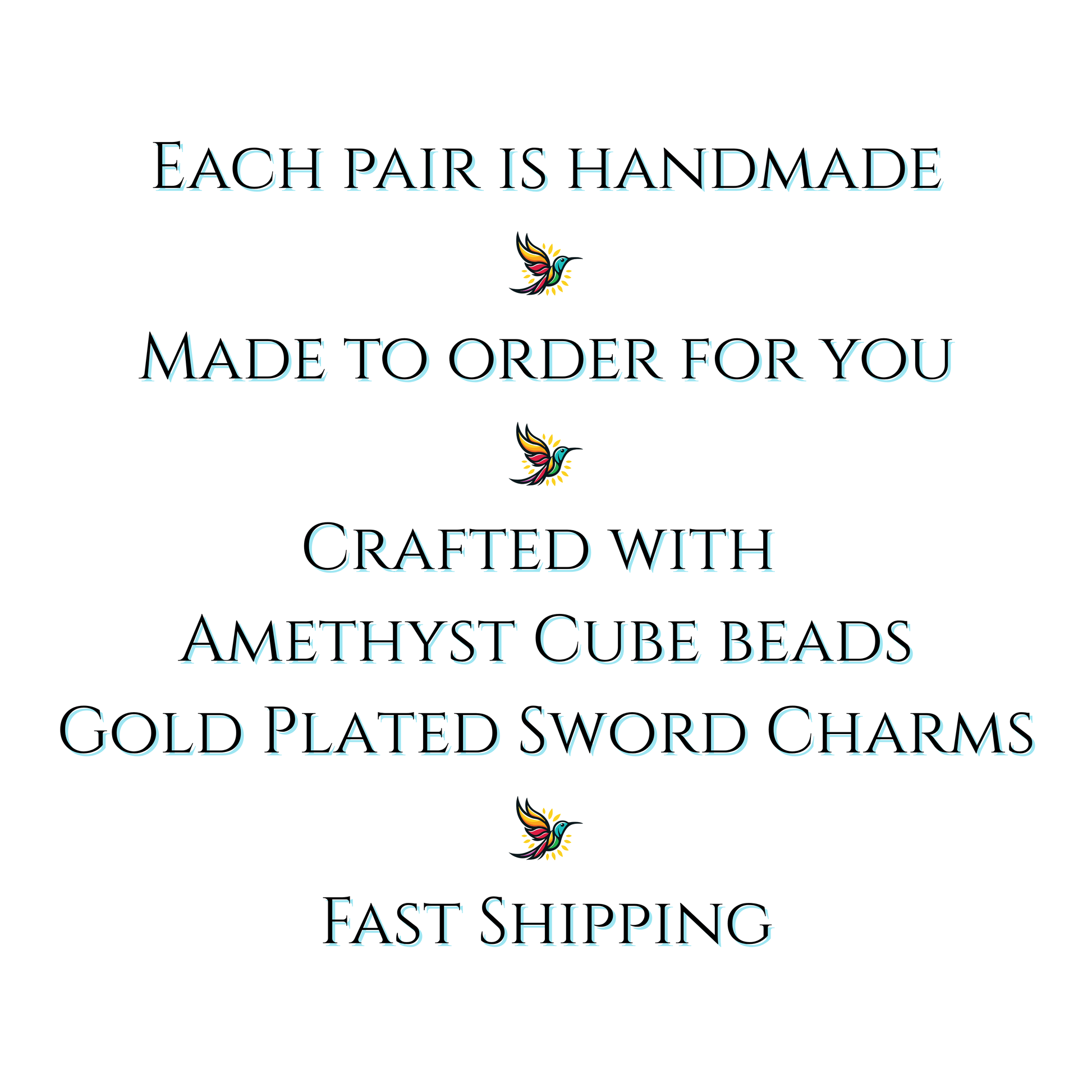 Text describing handmade jewelry with amethyst cube beads and gold-plated sword charms on a white background.