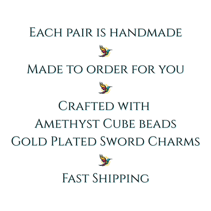 Text describing handmade jewelry with amethyst cube beads and gold-plated sword charms on a white background.