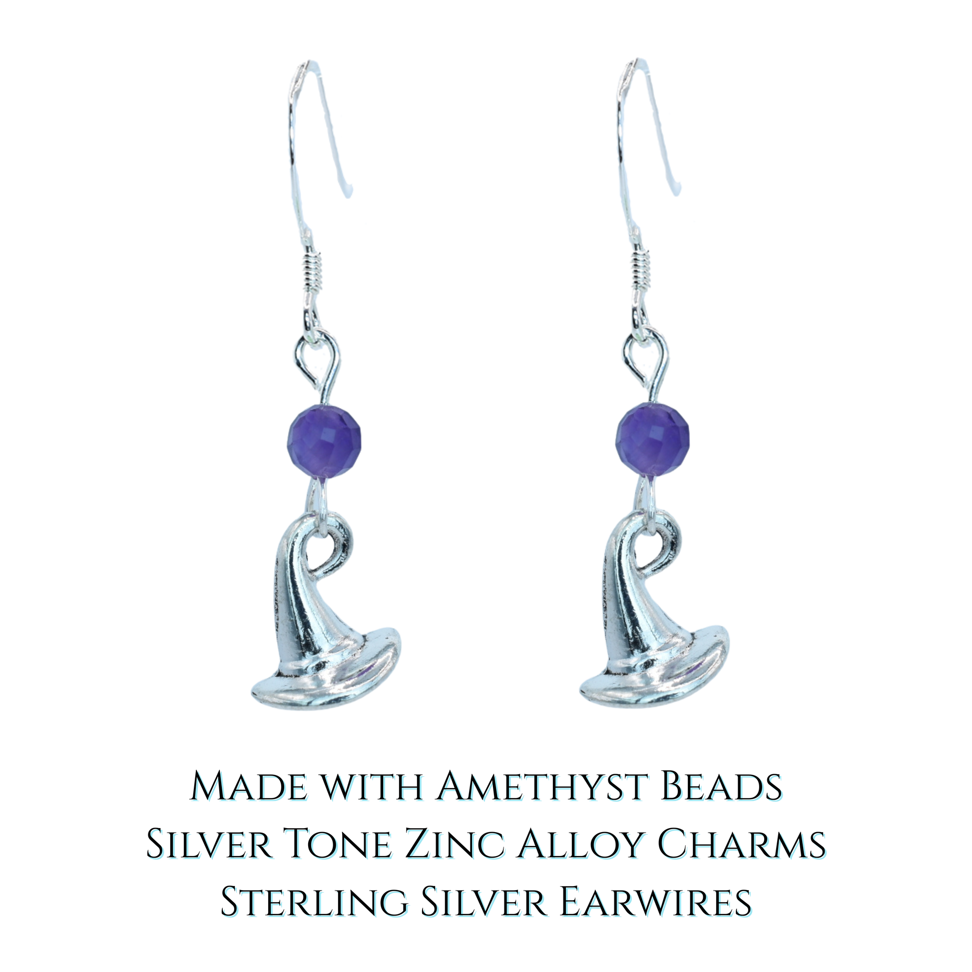 Silver earrings with purple amethyst beads and wizard hat charms on a white background