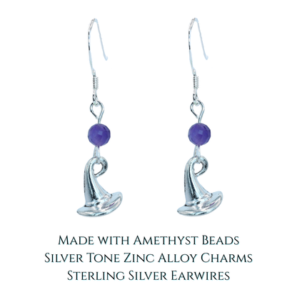 Silver earrings with purple amethyst beads and wizard hat charms on a white background
