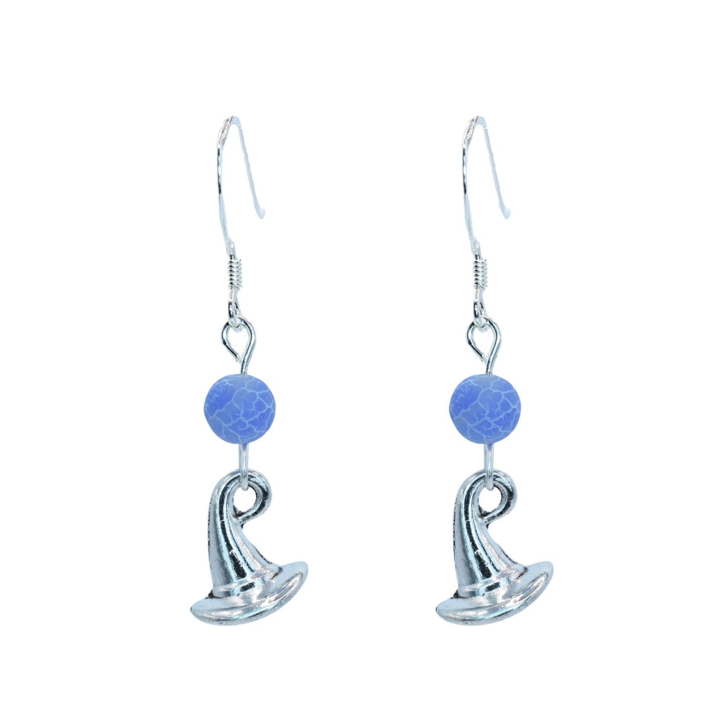 Silver earrings with blue beads on a white background
