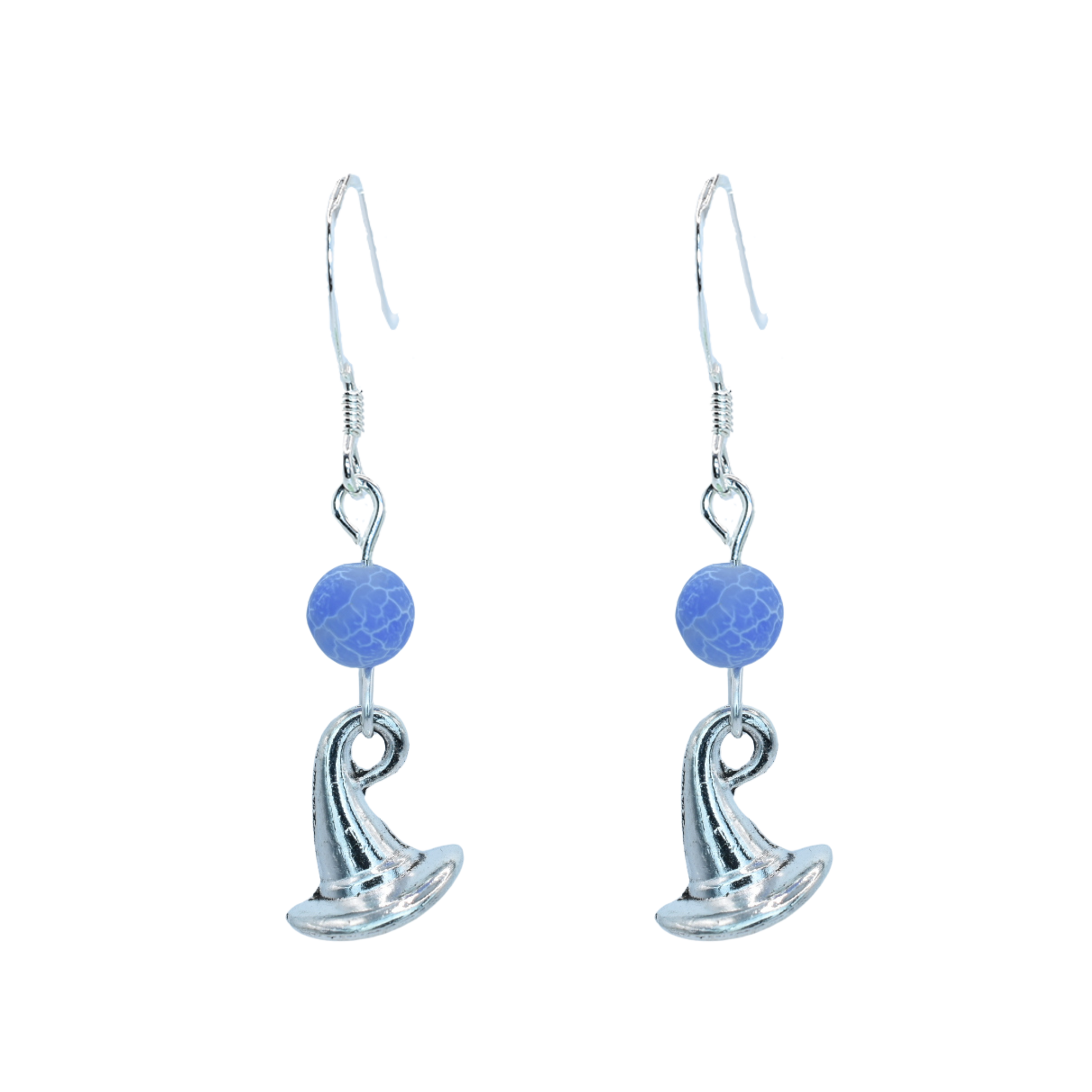 Silver earrings with blue beads on a white background