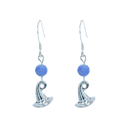 Silver earrings with blue beads on a white background