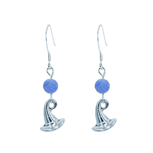 Silver earrings with blue beads on a white background