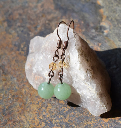 Green Jasper Austrian Crystal Earrings antique copper