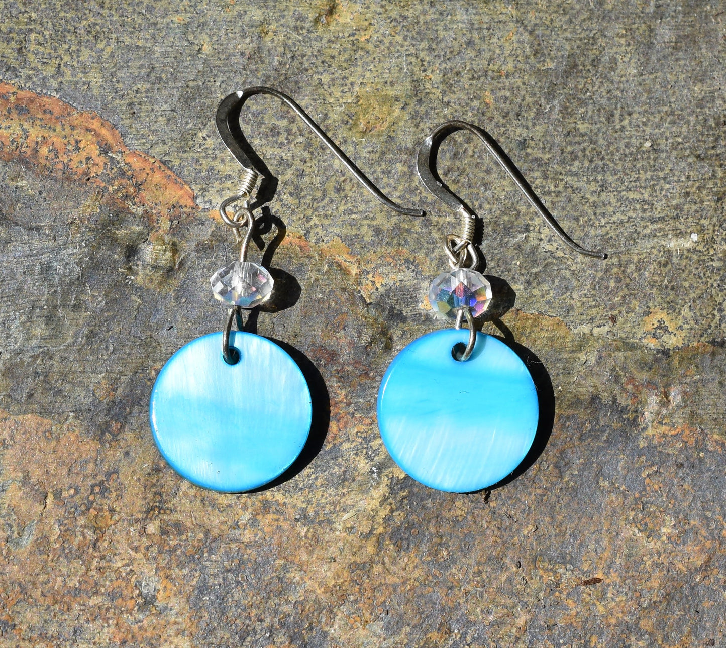 mother of pearl earrings - sterling silver - blue - Austrian Crystal 