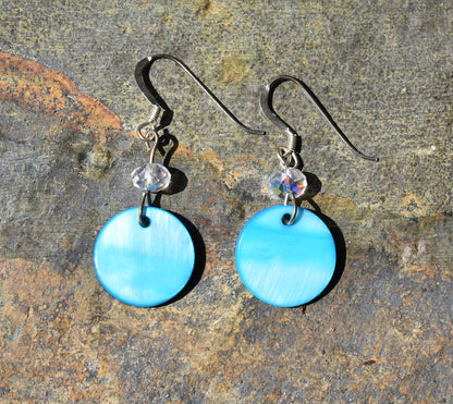 mother of pearl earrings - sterling silver - blue - Austrian Crystal 