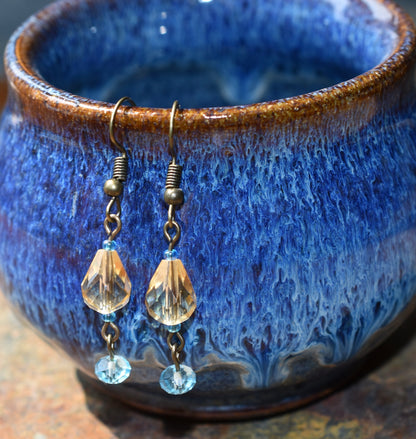 Austrian Crystal Earrings - golden champagne - baby blue antique  bronze