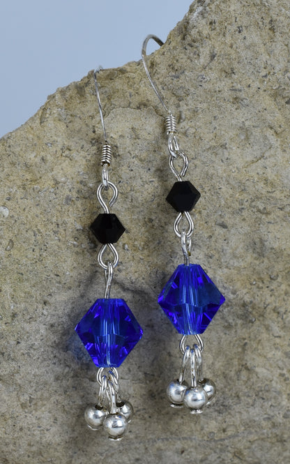 Austrian Crystal Earrings - Sterling Silver Earrings - Blue - Black