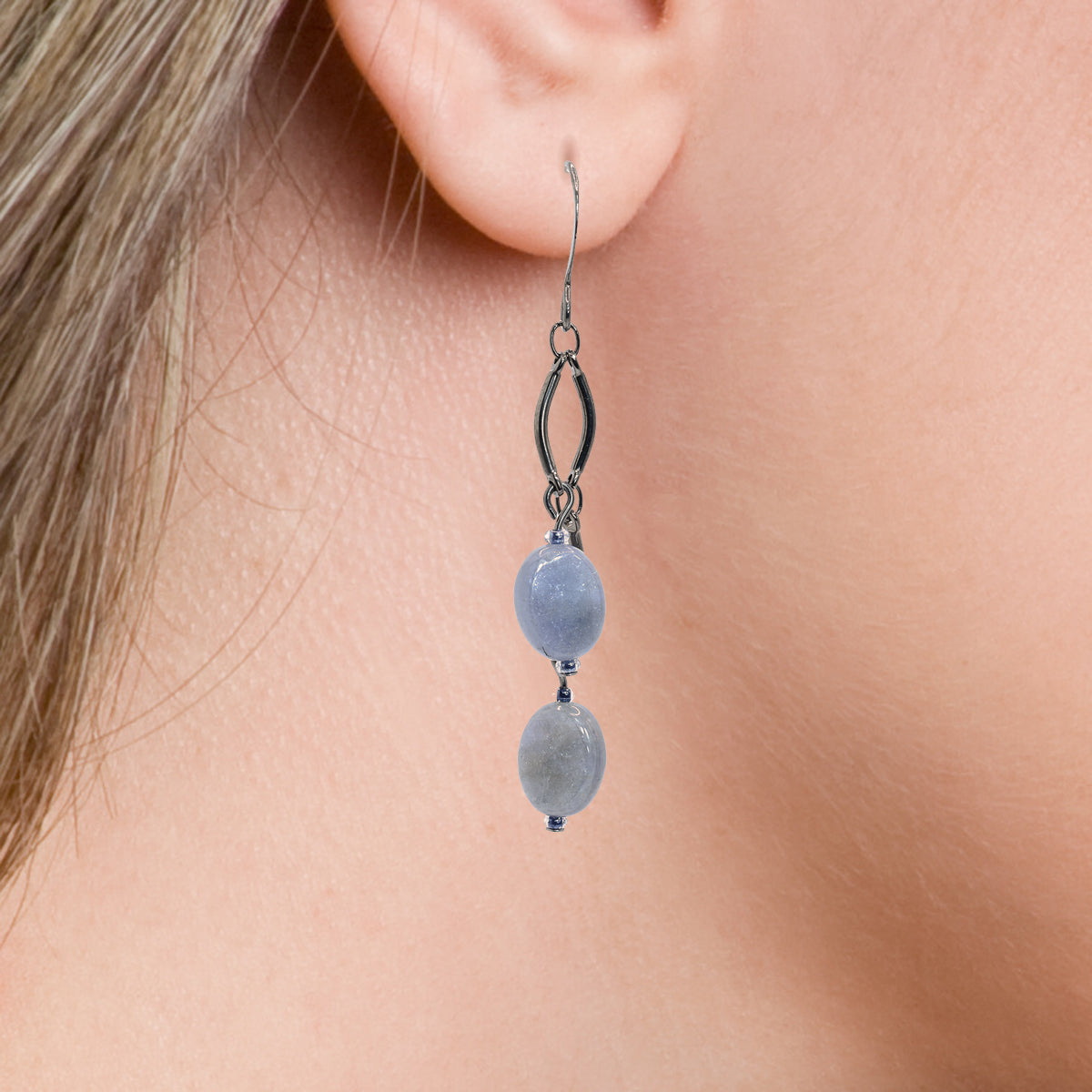 gemstone dangle earrings - light blue - gunmetal - brunette hair