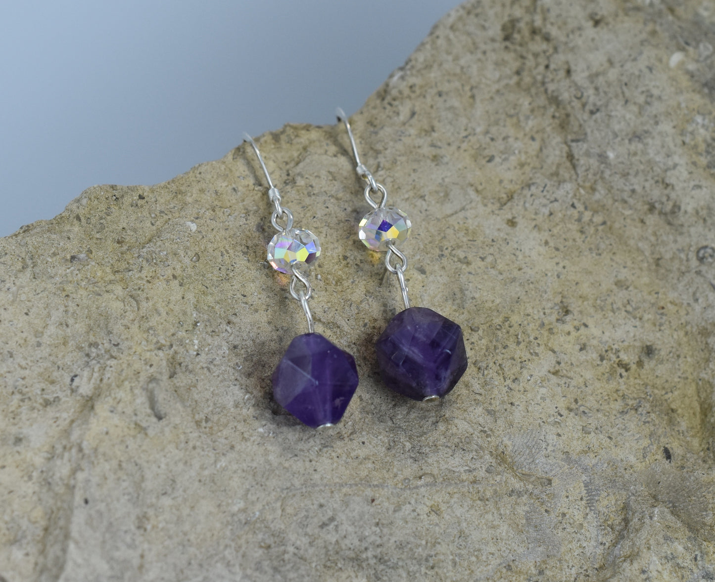 amethyst drop earrings sterling silver Austrian crystals