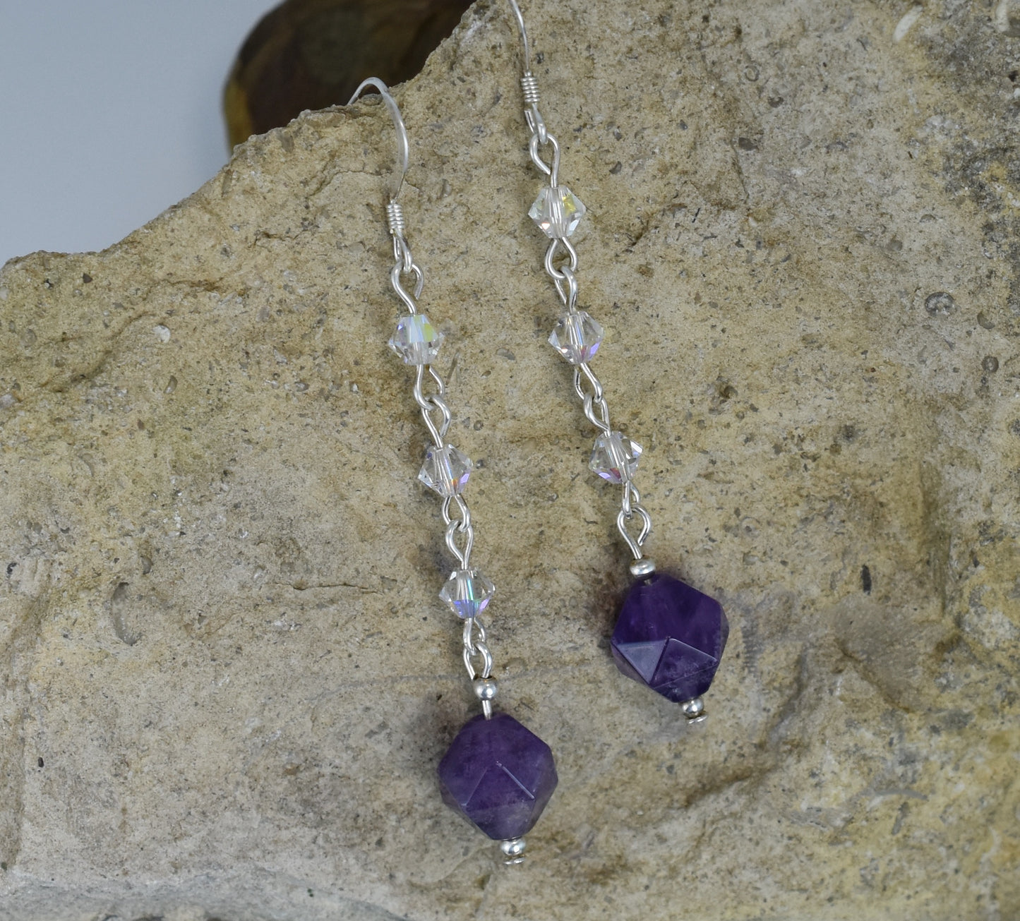 amethyst earrings long dangle sterling silver Austrian crystals