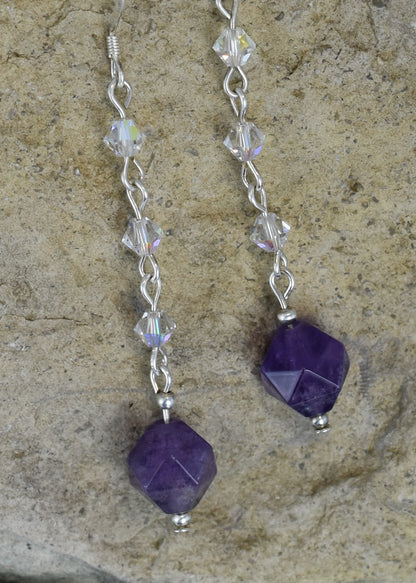 amethyst earrings long dangle sterling silver Austrian crystals