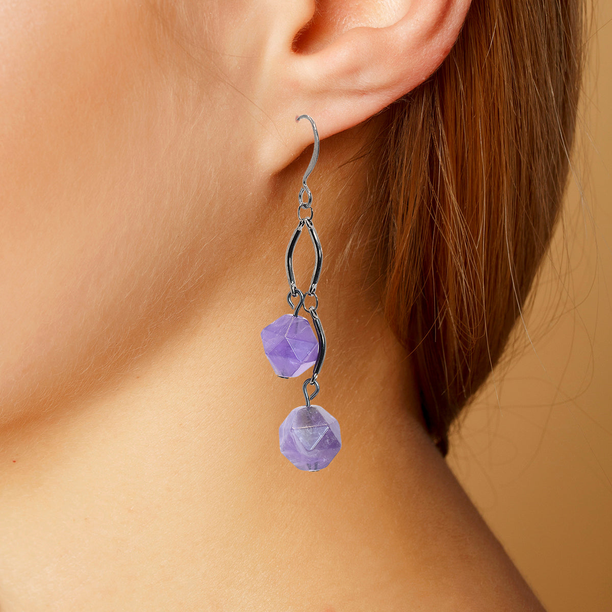 amethyst earrings dangle - gunmetal - auburn hair