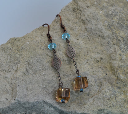 Austrian crystal earrings baby blue topaz antique copper