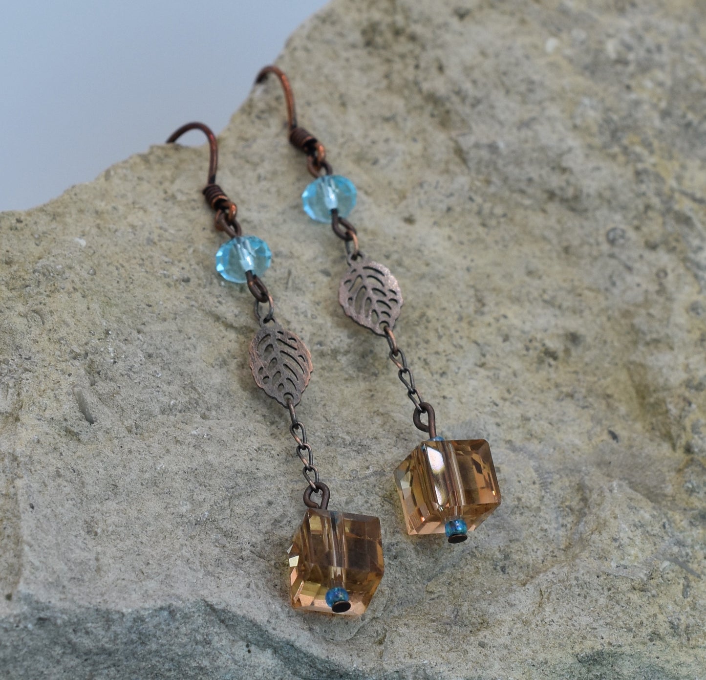 Austrian crystal earrings baby blue topaz antique copper