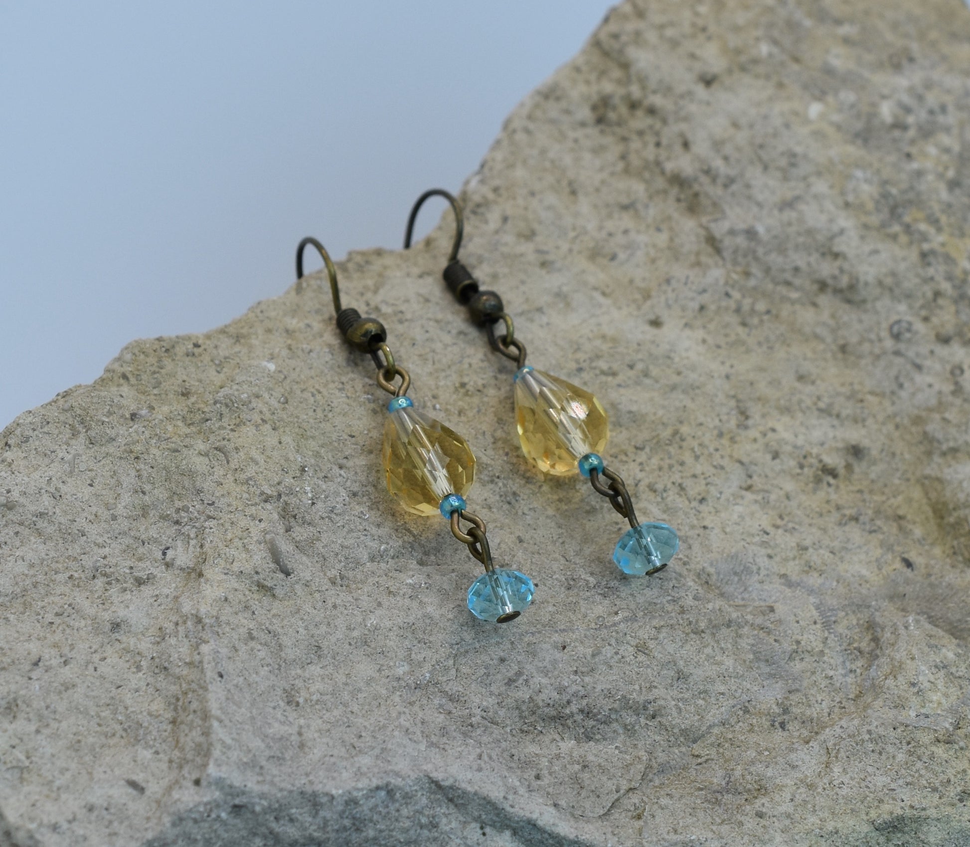 Austrian Crystal Earrings - golden champagne - baby blue antique  bronze