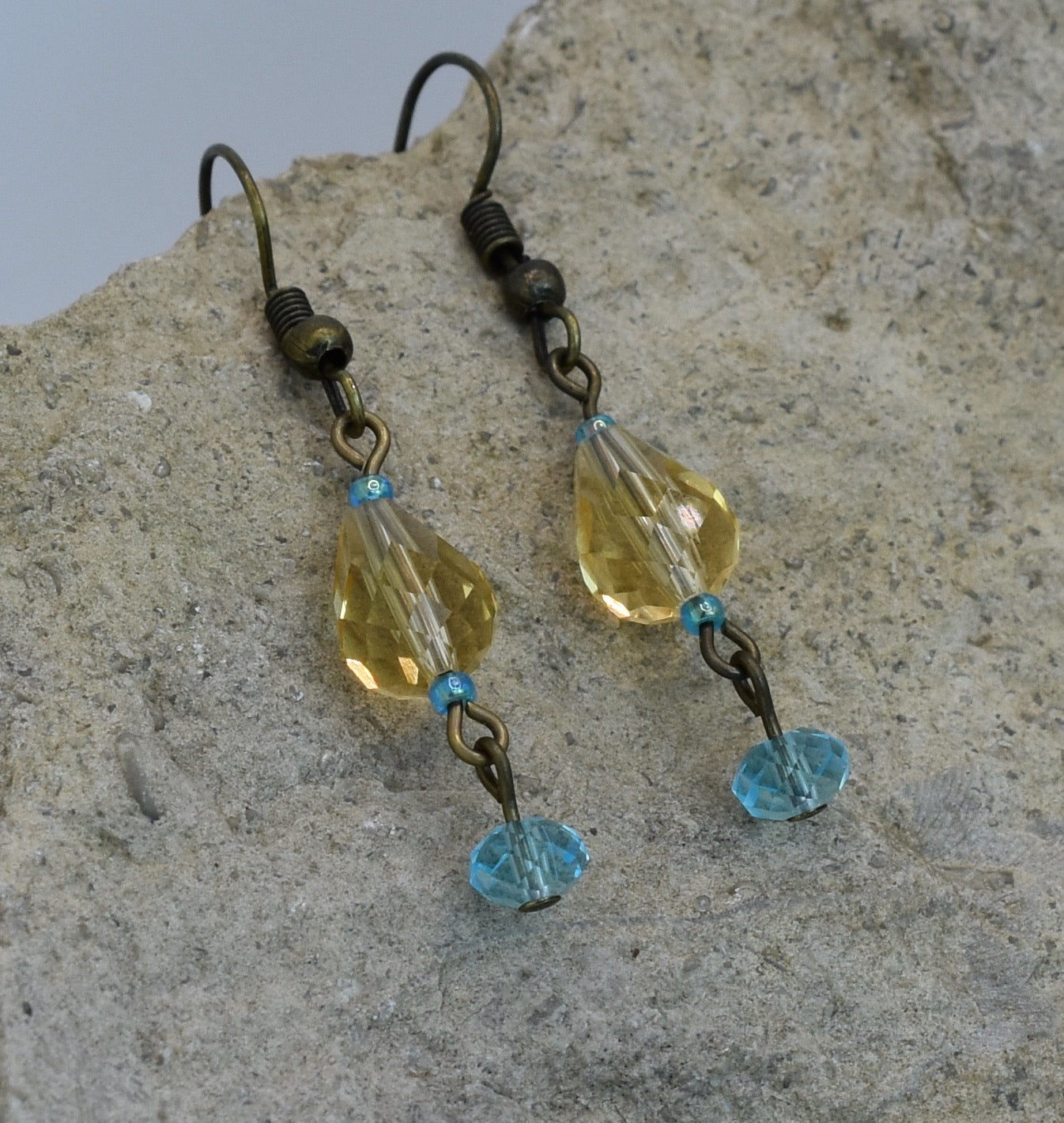 Austrian Crystal Earrings - golden champagne - baby blue antique  bronze