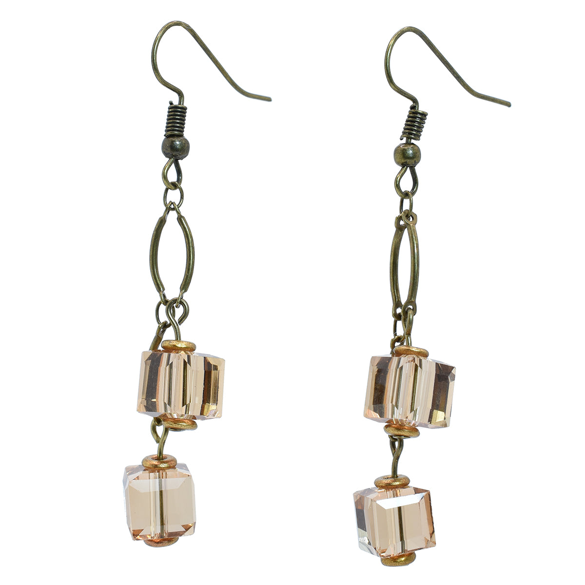 Austrian crystal earrings peach cubes antique copper