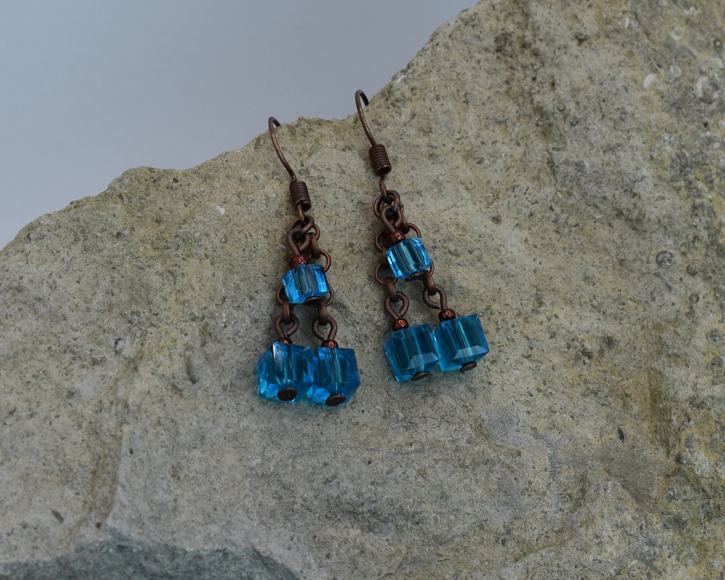 Blue Austrian Crystal Earrings Cubes Antique Bronze