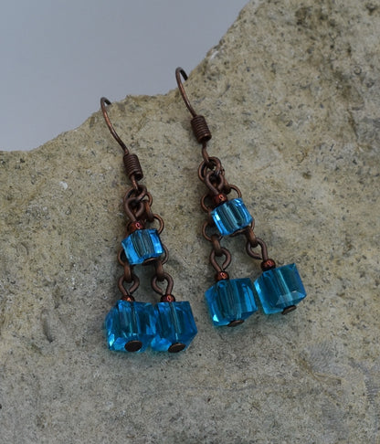 Blue Austrian Crystal Earrings Cubes Antique Bronze