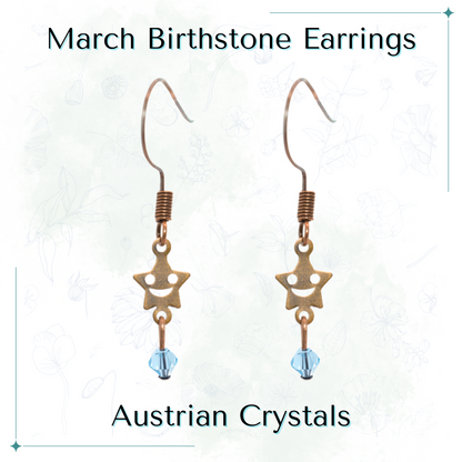 Star-shaped earrings with blue Austrian crystals on a white background, labeled 'March Birthstone Earrings'.