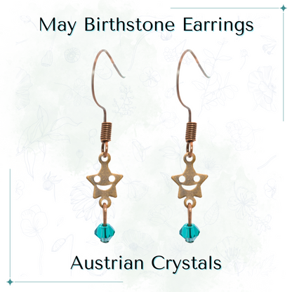 Star-shaped earrings with green crystals on a white background, labeled 'May Birthstone Earrings' and 'Austrian Crystals'.